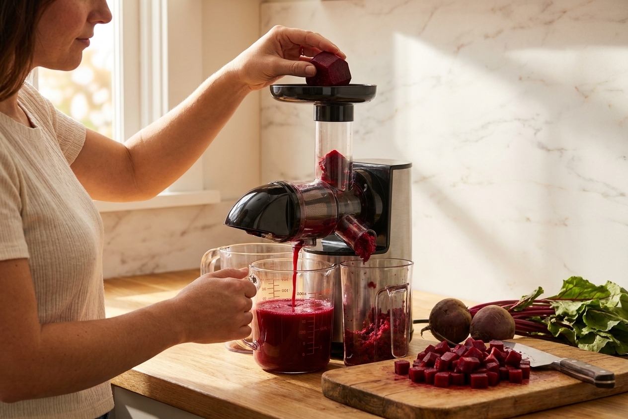 A countertop juicer extracting deep red beet juice into a clear measuring pitcher
