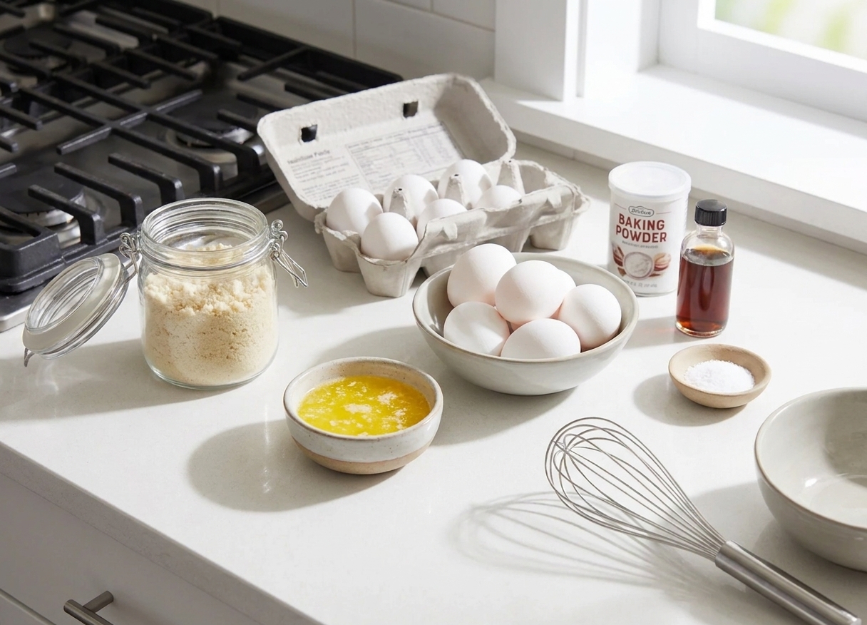 A countertop scene with almond flour, eggs, baking powder, vanilla, salt, and a small bowl of melted butter laid out for keto pancake batter