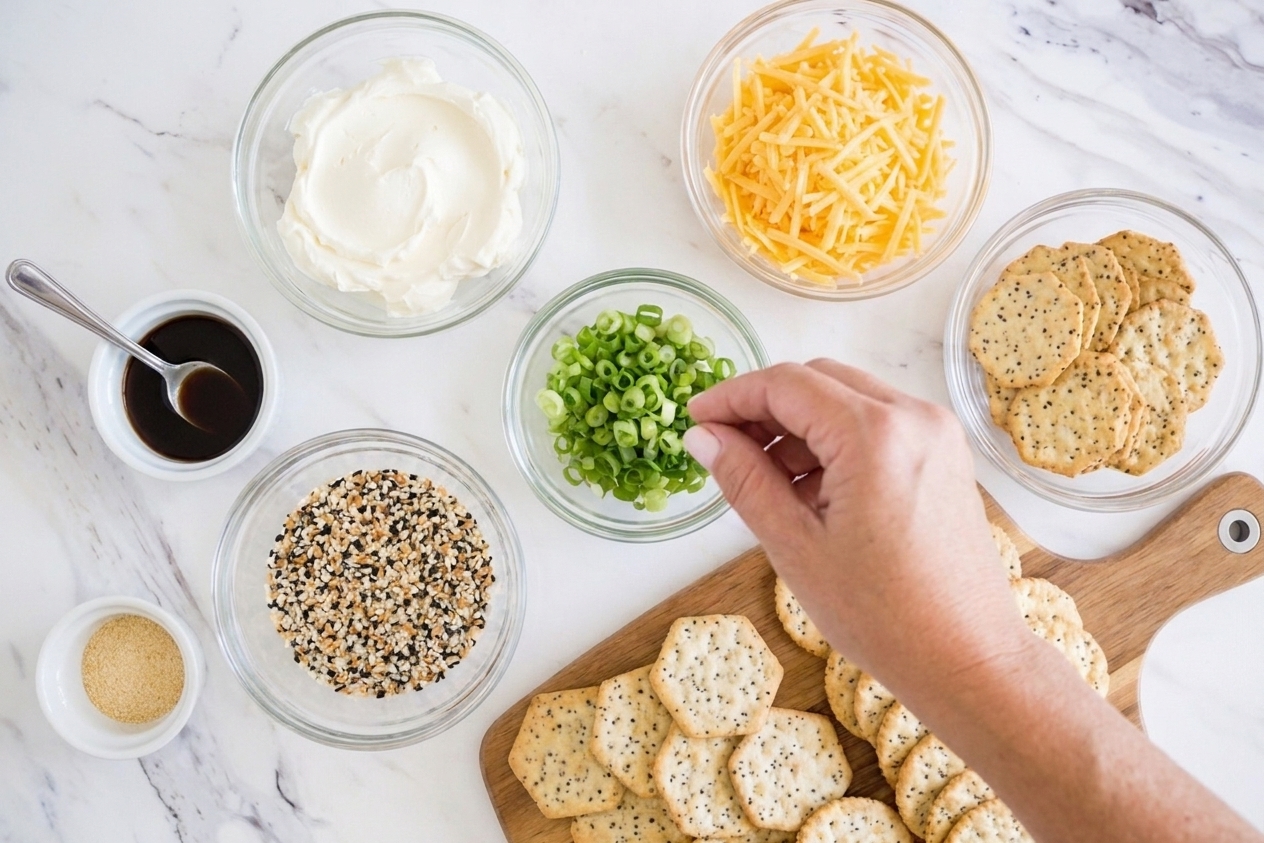 A countertop scene with bowls of softened cream cheese, shredded cheddar, sliced scallions, everything bagel seasoning, Worcestershire sauce, garlic powder, and crackers