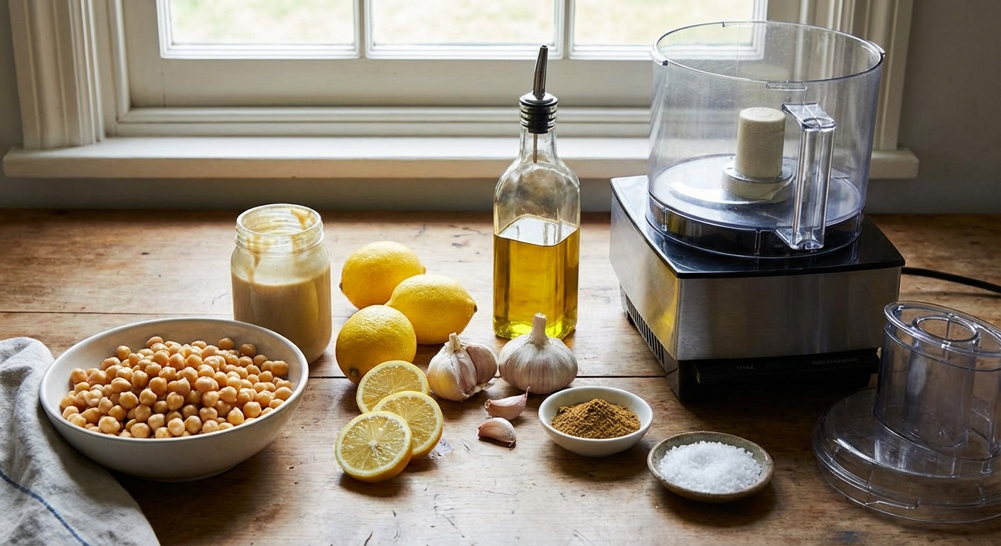 A countertop scene with chickpeas, tahini, lemons, garlic, olive oil, cumin, and salt arranged next to a food processor