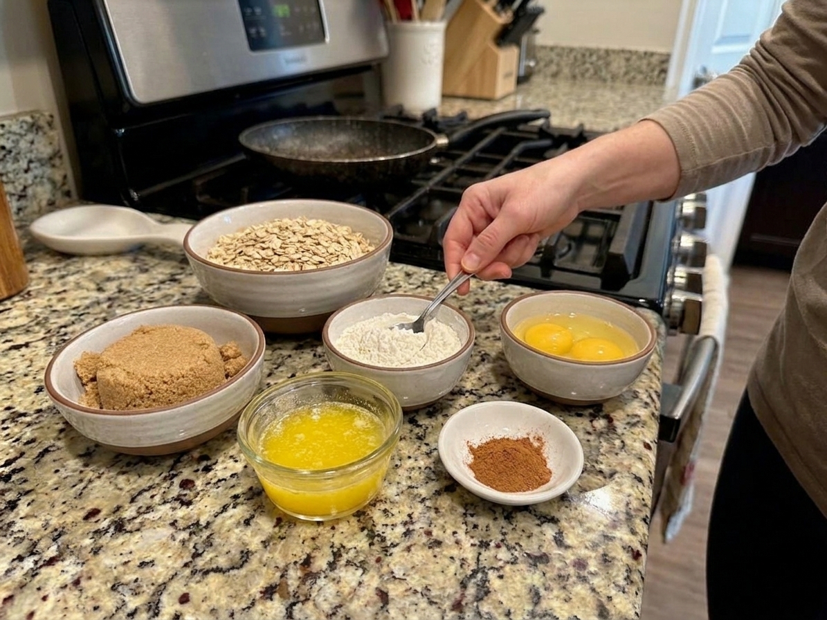 A countertop scene with rolled oats, brown sugar, flour, melted butter, cinnamon, and eggs measured in small bowls, ready for baking