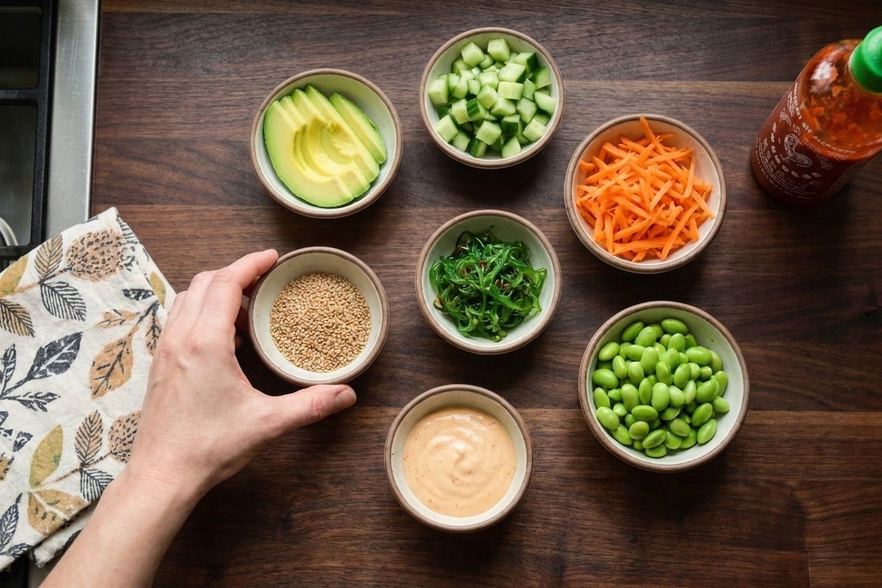 A countertop scene with small bowls of poke toppings including sliced avocado, diced cucumber, shredded carrots, edamame, seaweed salad, sesame seeds, and spicy mayo
