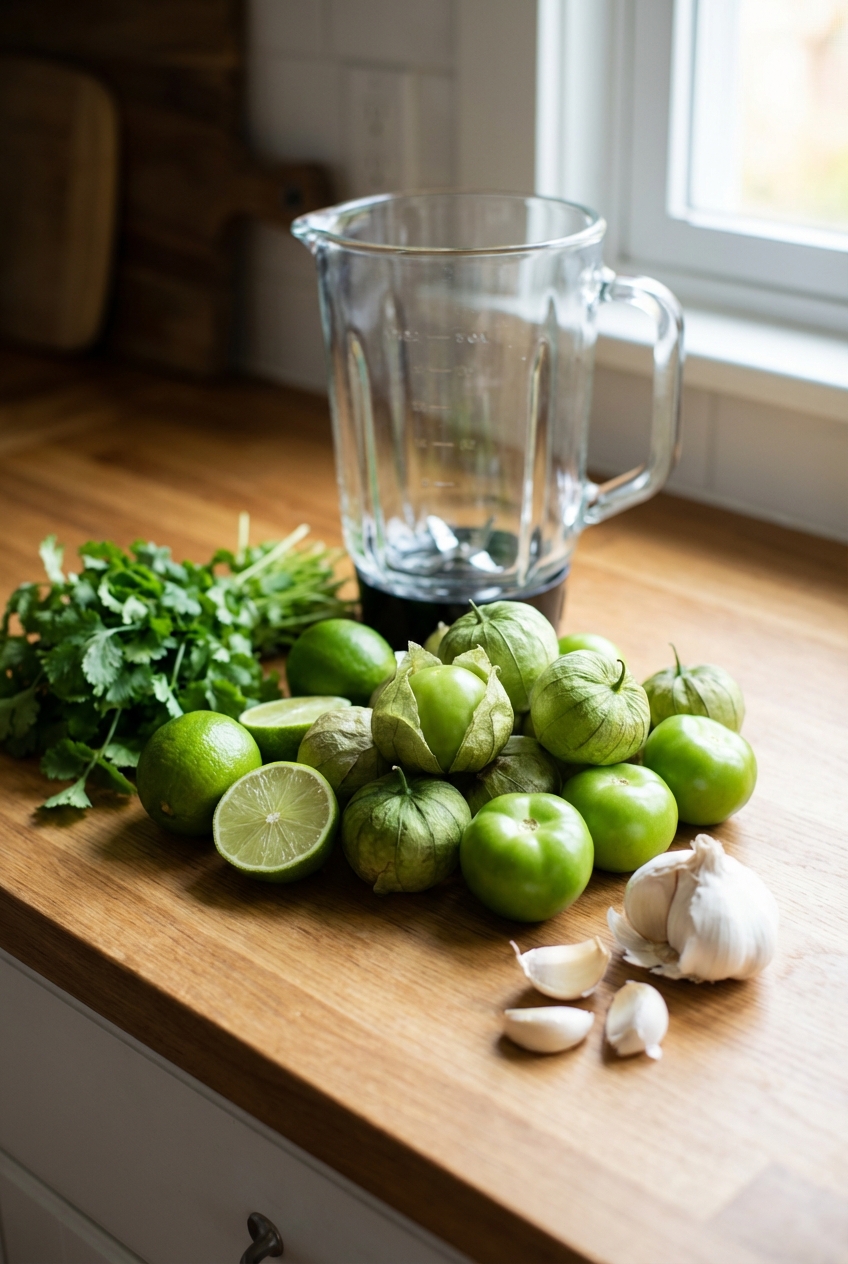 A countertop scene with tomatillos, limes, cilantro, garlic, and a blender ready to make enchilada sauce