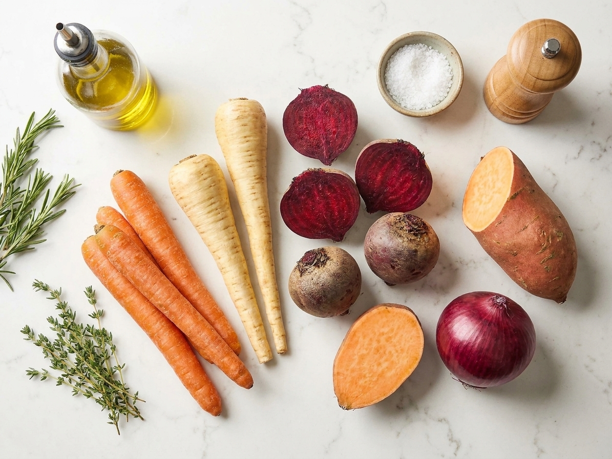 A countertop setup of raw root vegetables including carrots, parsnips, beets, sweet potato, and red onion alongside olive oil, salt, pepper, and fresh herbs