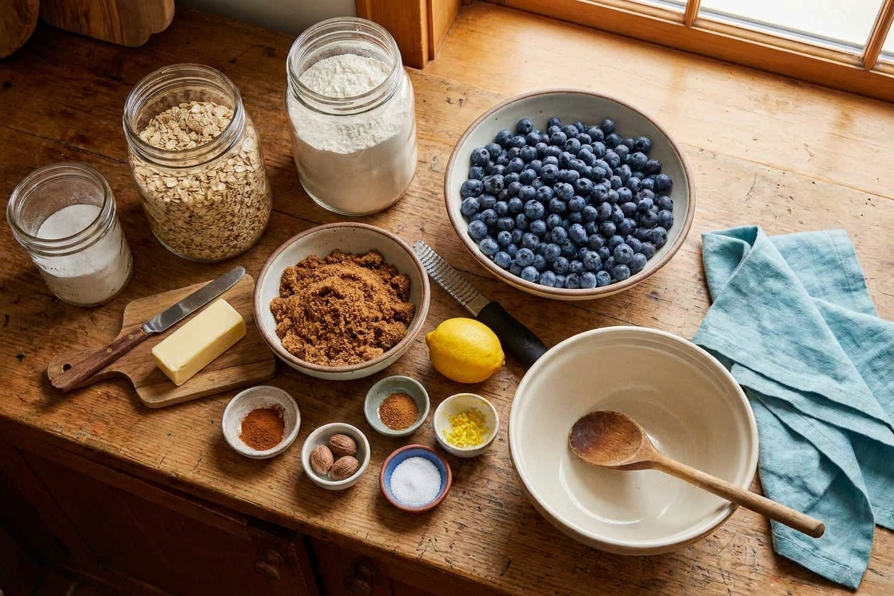 A countertop setup with blueberries, rolled oats, flour, brown sugar, butter, lemon, and small bowls of spices ready for baking