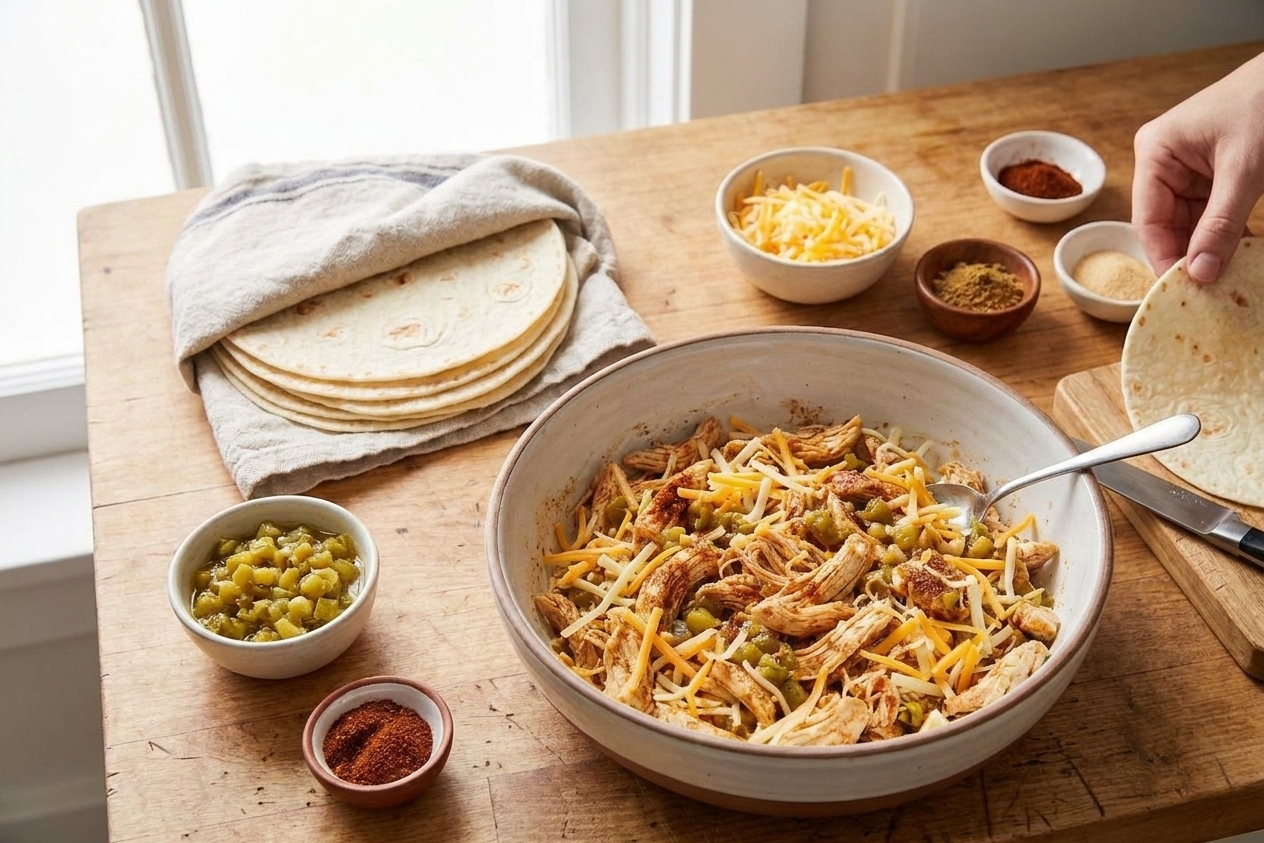 A countertop setup with flour tortillas, a bowl of shredded chicken, shredded cheese, green chiles, and small bowls of spices ready for assembling flautas
