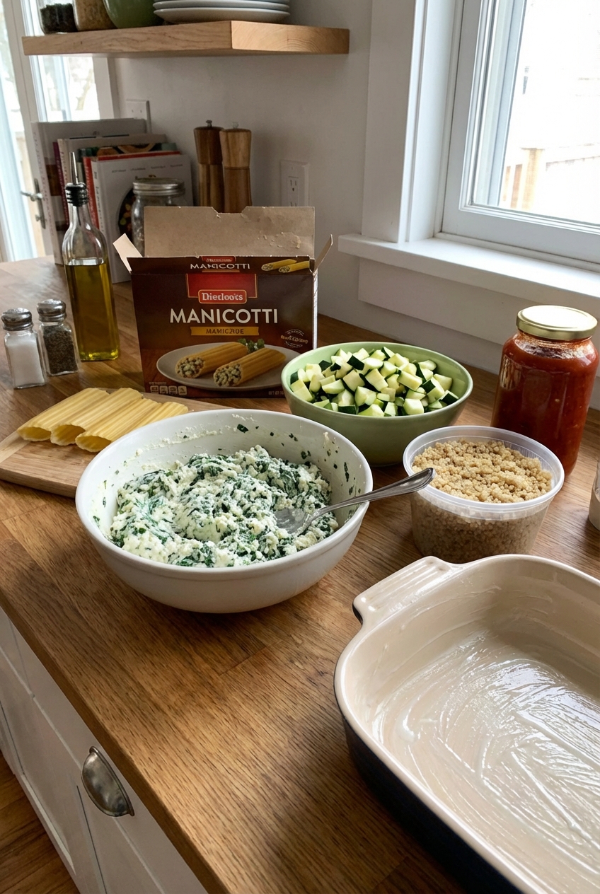 A countertop setup with manicotti shells, ricotta, spinach, zucchini, quinoa, and marinara sauce ready to cook