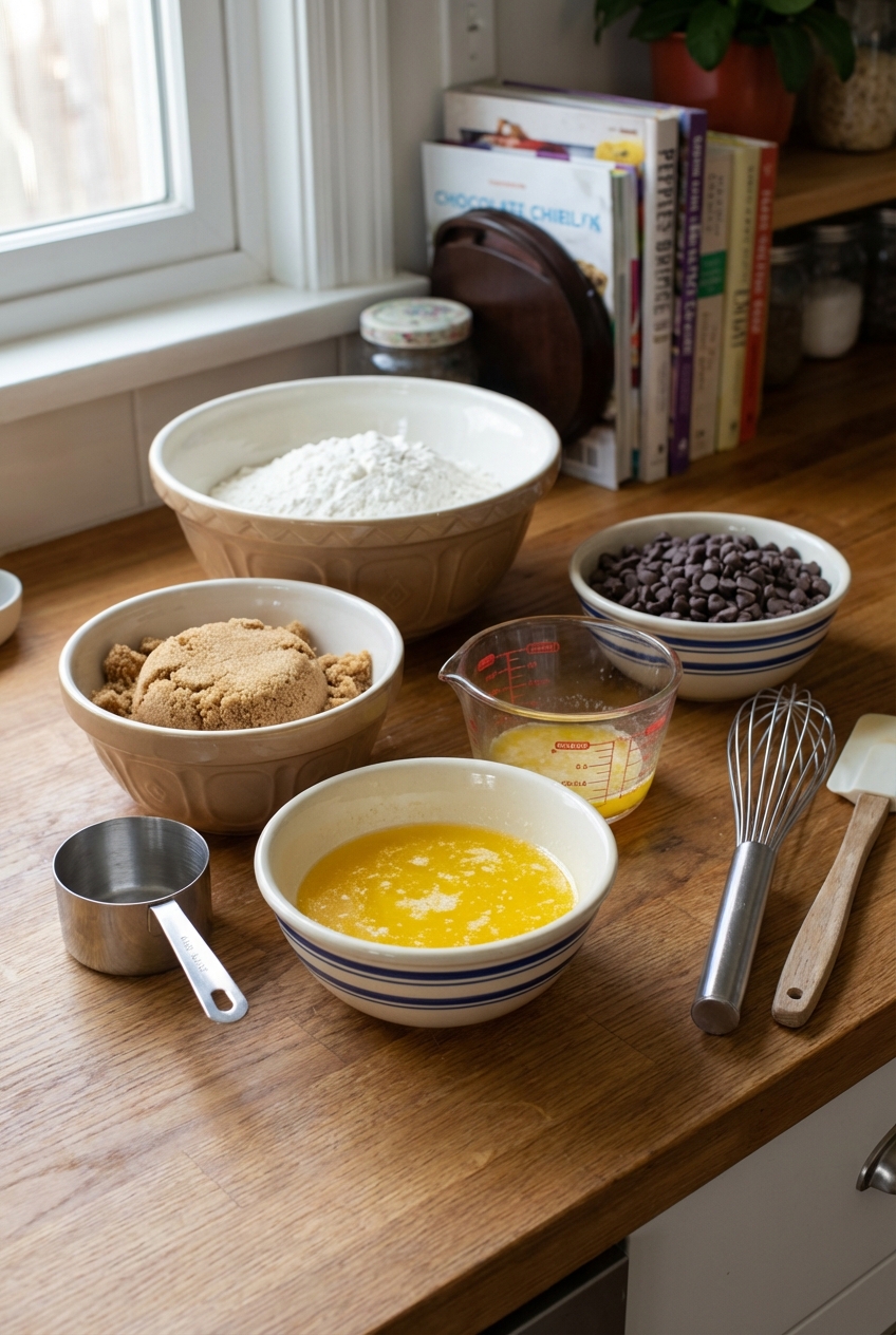 A countertop with bowls of flour brown sugar melted butter and chocolate chips measured for chocolate chip cookies