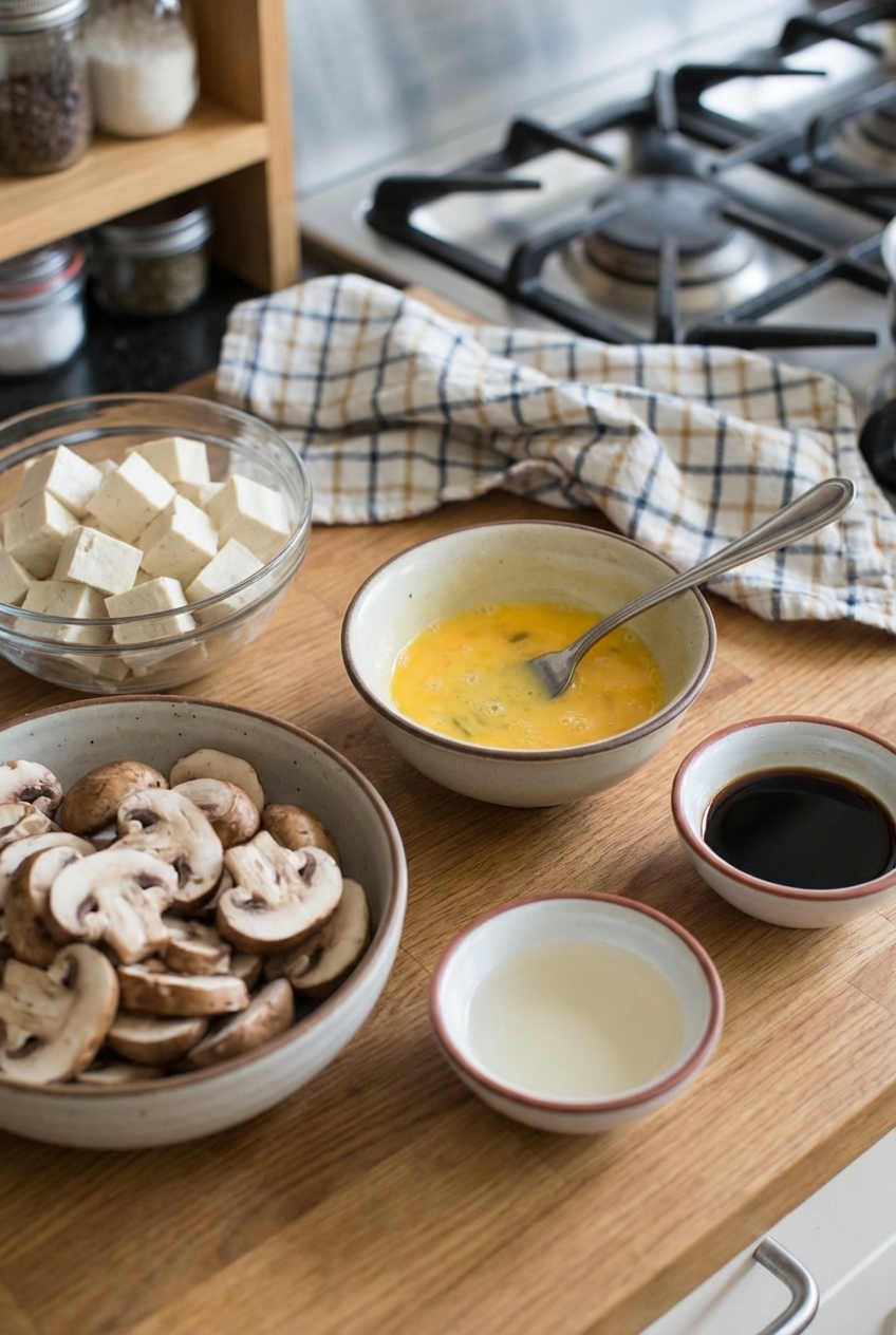 A countertop with bowls of sliced mushrooms, tofu cubes, beaten eggs, and small bowls of soy sauce and vinegar