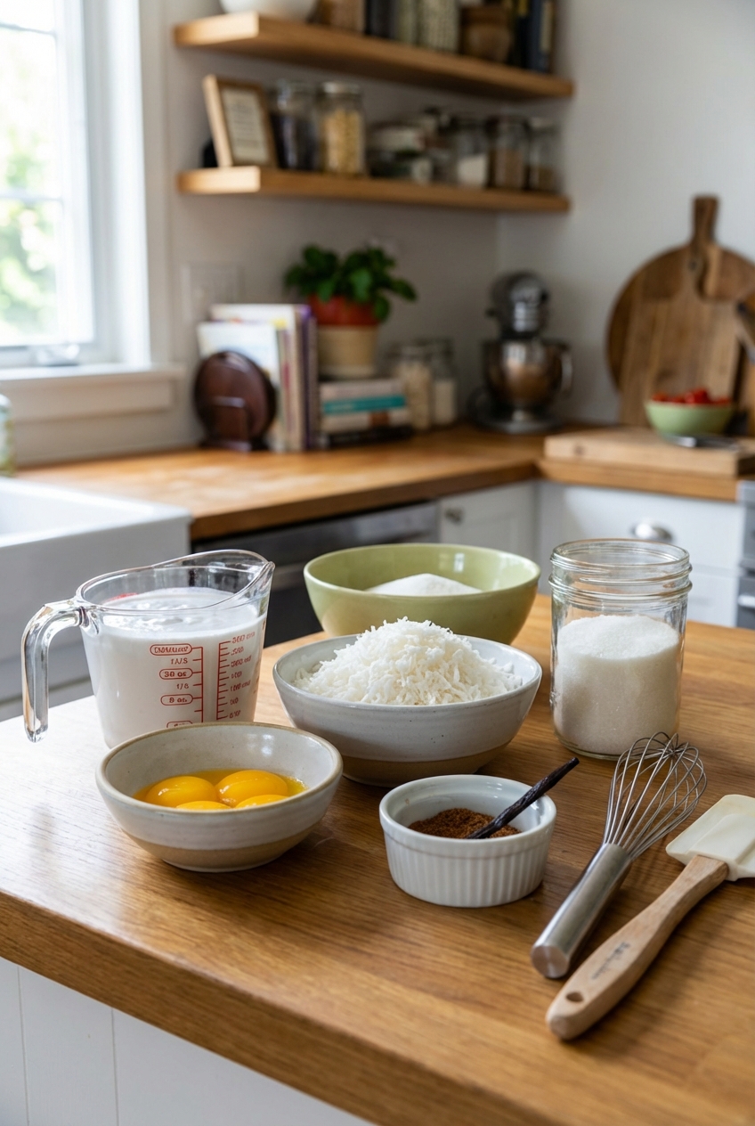 A countertop with measured ingredients for coconut cream pie including coconut milk, egg yolks, shredded coconut, sugar, and spices