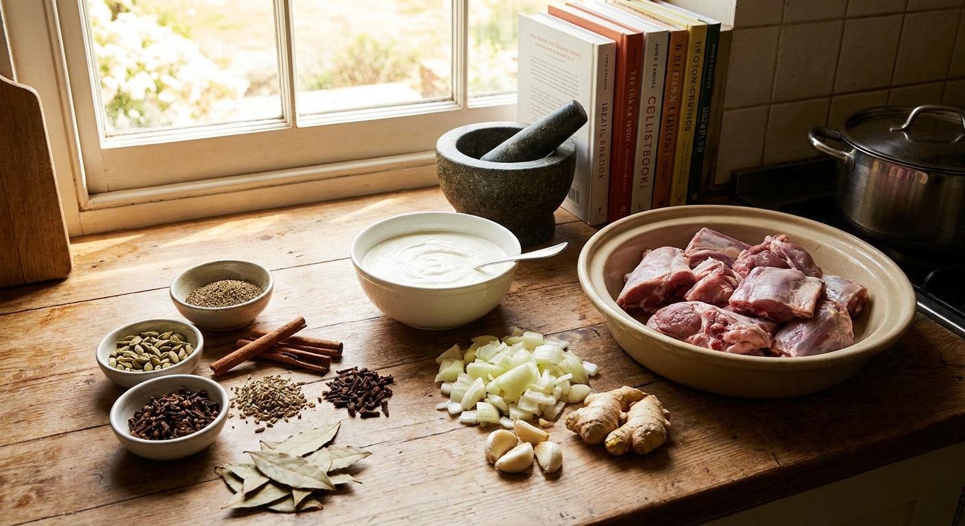 A countertop with whole spices, plain yogurt, chopped onions, garlic, ginger, and lamb pieces laid out for making rogan josh, photographed in a bright home kitchen