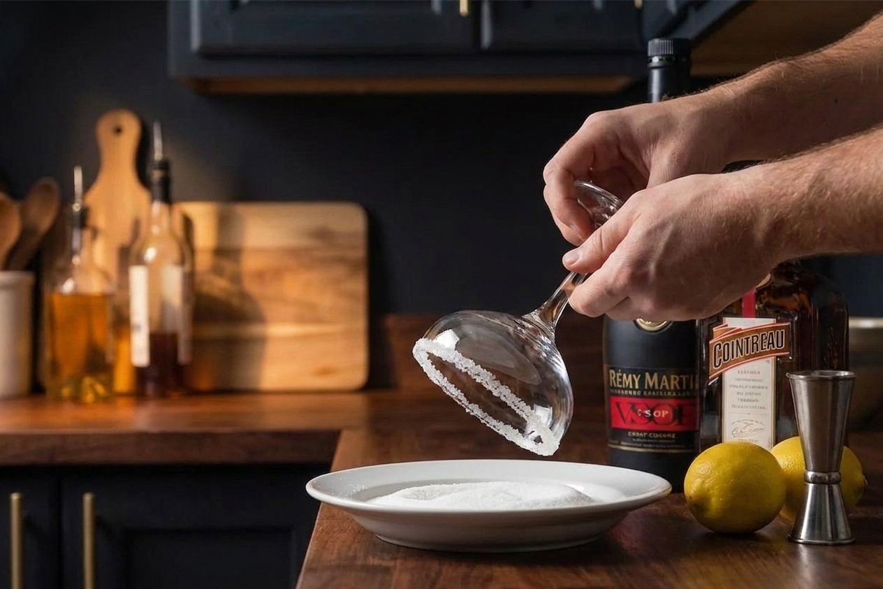 A coupe glass being dipped halfway into a shallow plate of sugar to create a neat half sugar rim