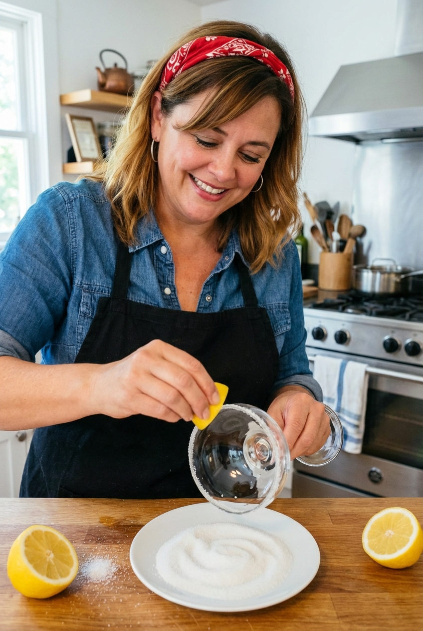 A coupe glass being rimmed with lemon and dipped into sugar on a small plate
