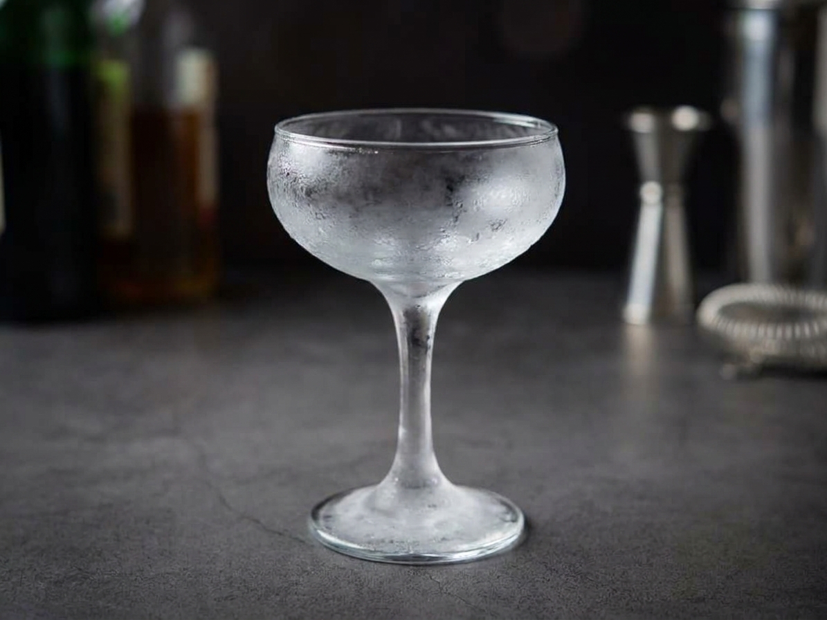 A coupe glass chilling with a light frost on the outside