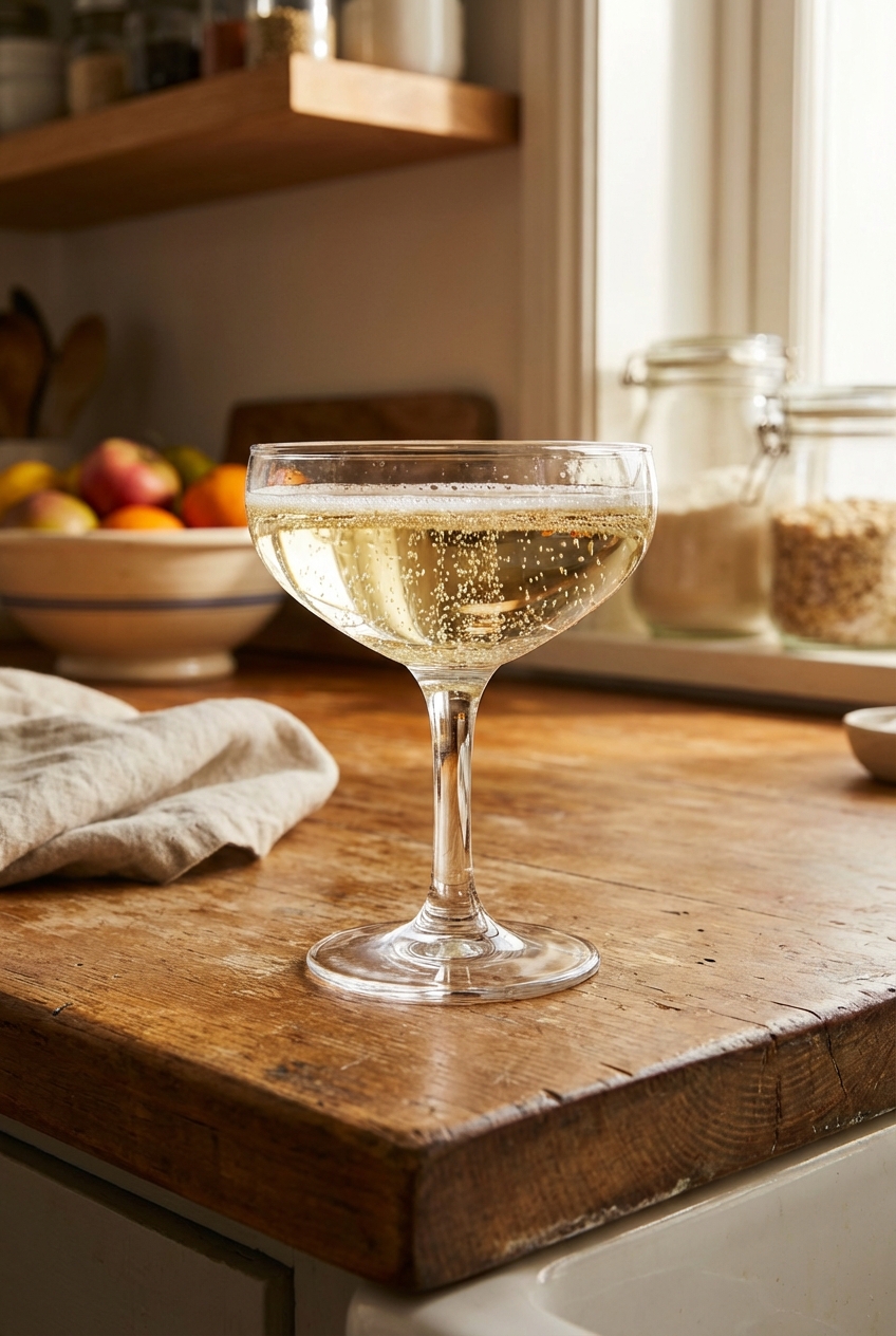 A coupe glass filled with sparkling wine on a countertop