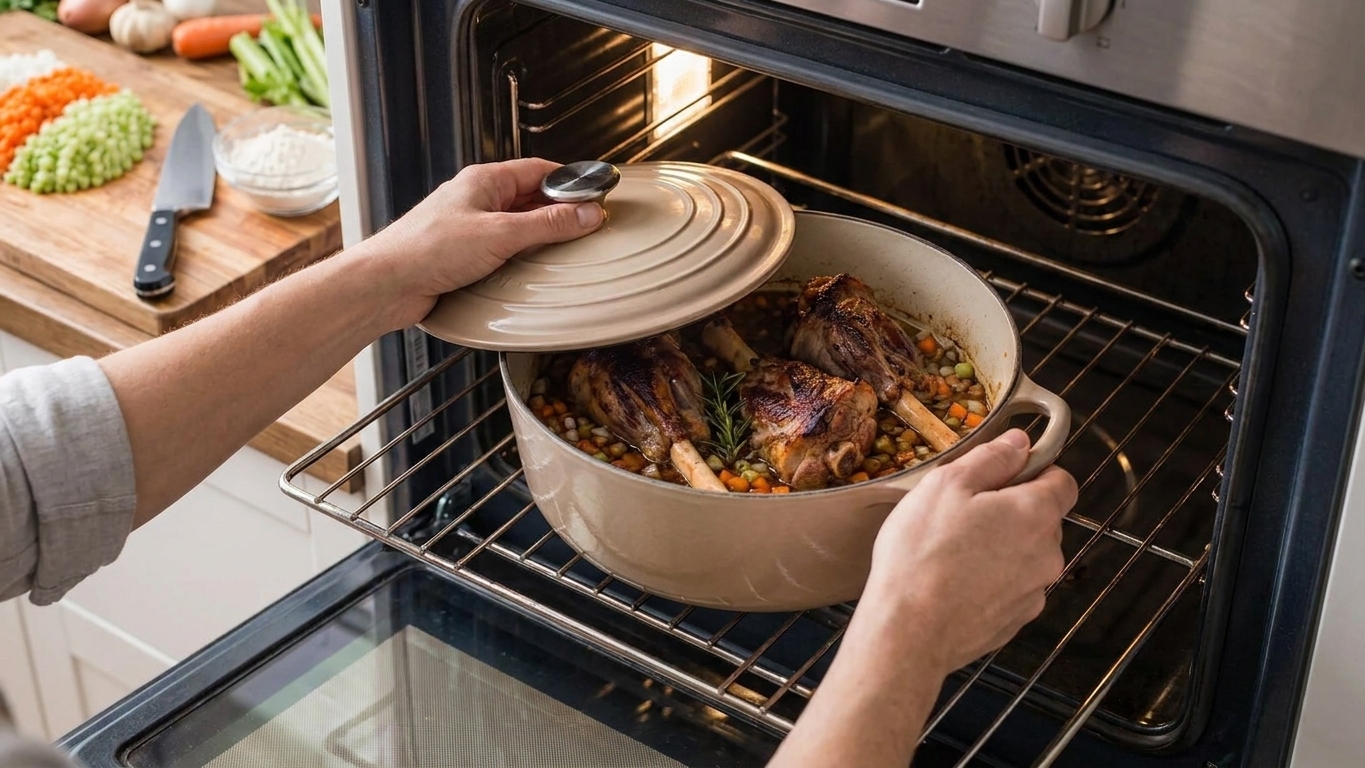 A covered Dutch oven being placed into a home oven, showing the braise setup before slow cooking
