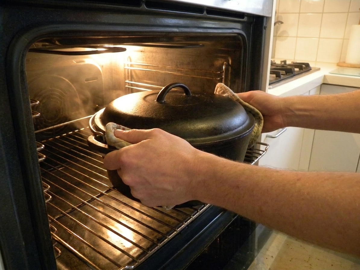 A covered Dutch oven being placed into a home oven with warm kitchen lighting