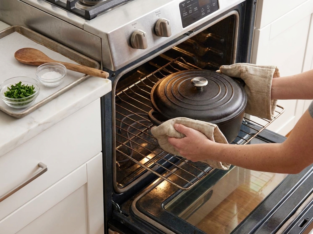 A covered Dutch oven being placed into an oven, with a tray of prepared ingredients on a nearby counter in the same kitchen lighting