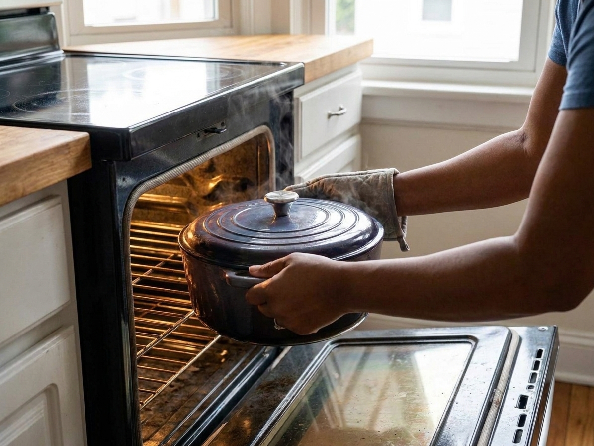 A covered Dutch oven being placed into an oven with warm kitchen lighting, showing a cozy home cooking scene