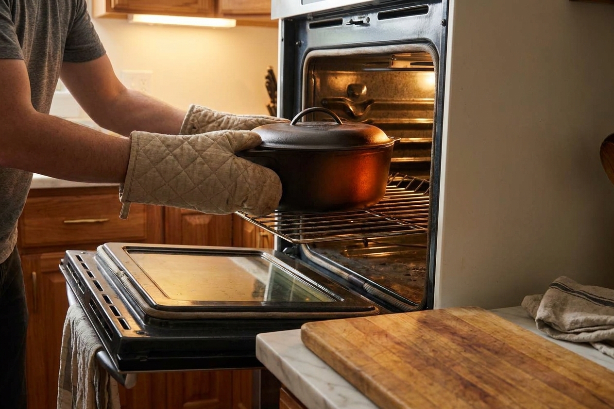 A covered Dutch oven being placed on the middle rack of a home oven on a cozy kitchen day