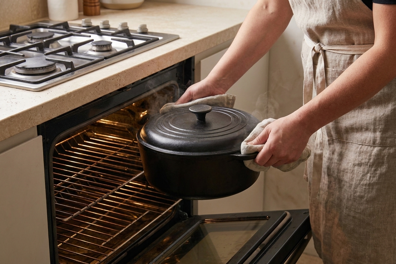 A covered Dutch oven being placed onto an oven rack, ready for a low and slow braise