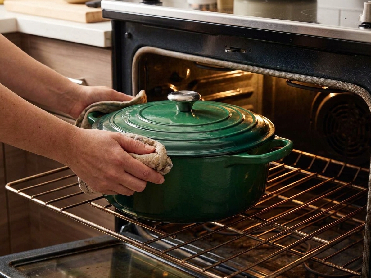 A covered Dutch oven being placed onto the middle rack of an oven