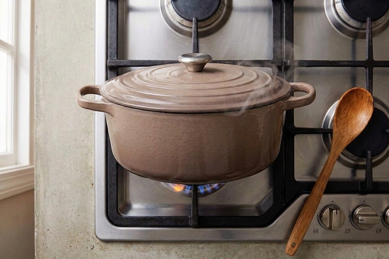 A covered Dutch oven gently simmering on a stove with a small wisp of steam in a calm home kitchen