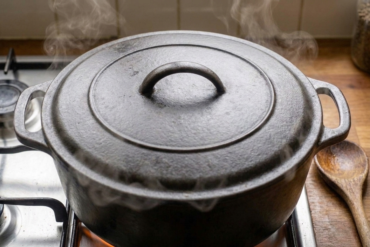 A covered Dutch oven gently simmering on a stovetop with steam rising as curry goat cooks low and slow