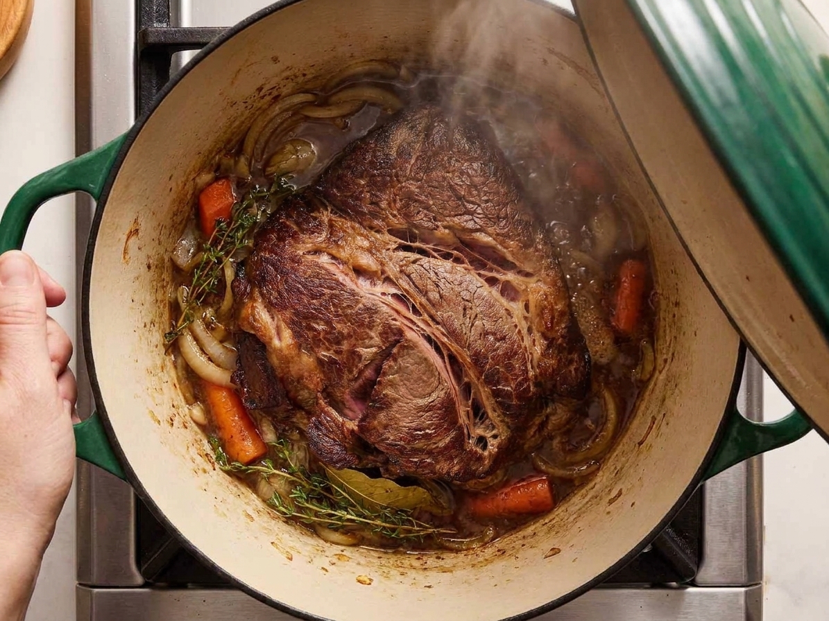 A covered Dutch oven on a stovetop with beef braising gently; the lid is slightly lifted and steam rises