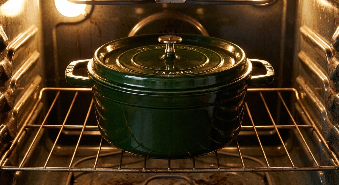 A covered Dutch oven on an oven rack with warm kitchen light reflecting off the lid