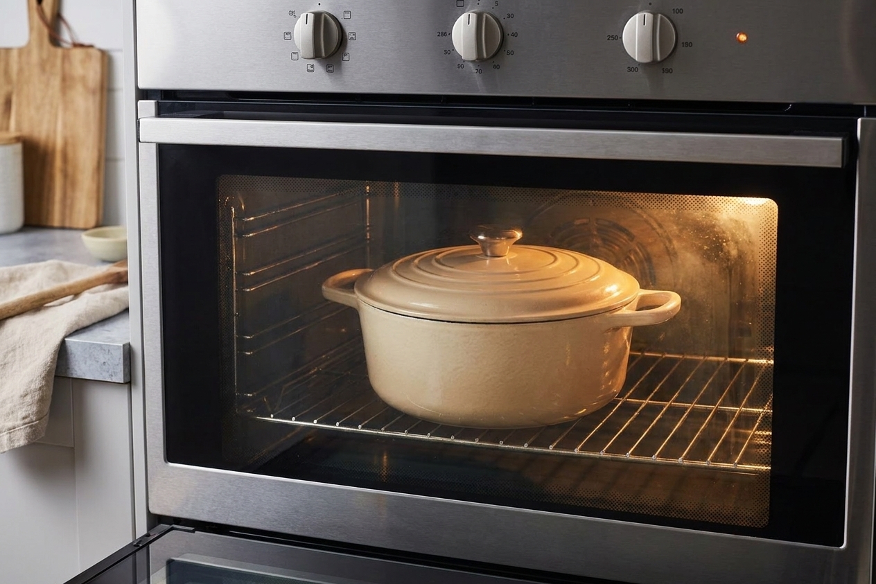 A covered Dutch oven placed on an oven rack with warm kitchen lighting
