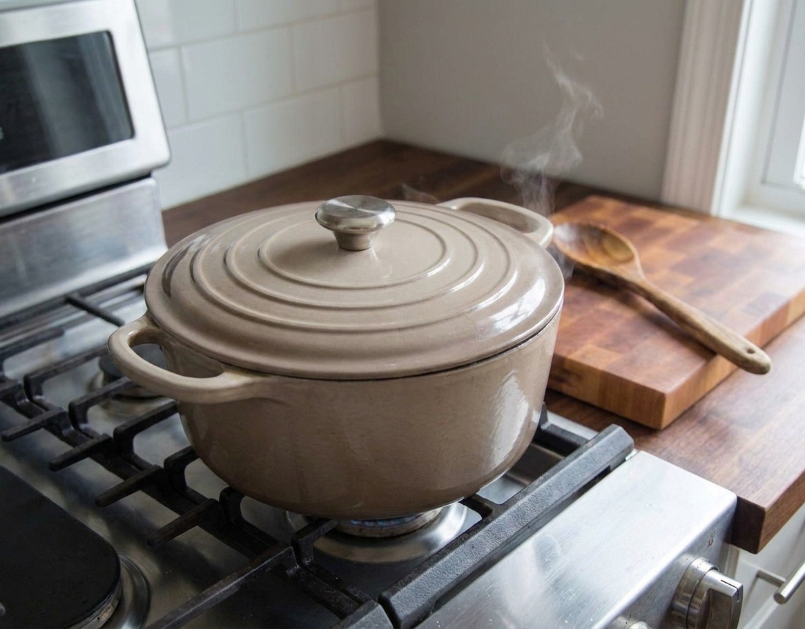 A covered Dutch oven simmering on a stovetop with a faint wisp of steam escaping from the lid