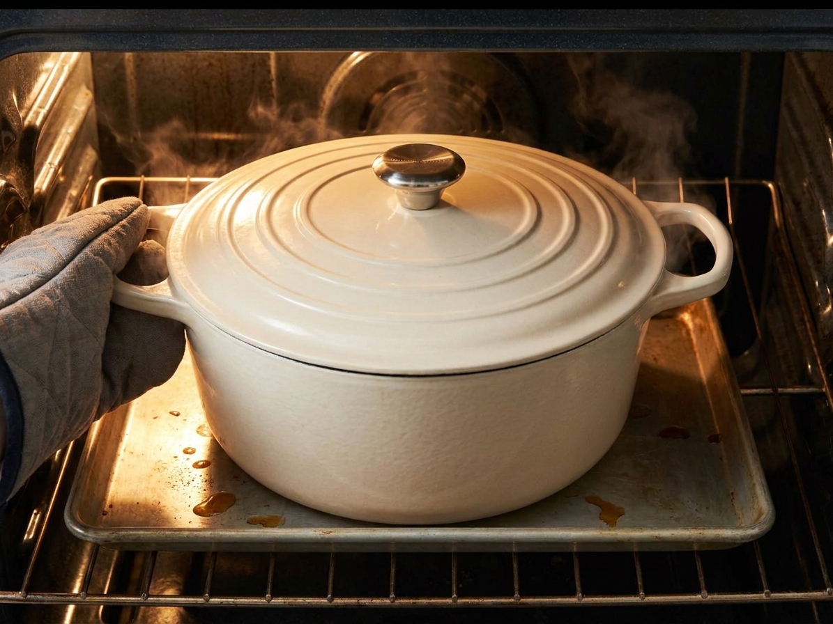 A covered Dutch oven sitting in an oven, mid-roast