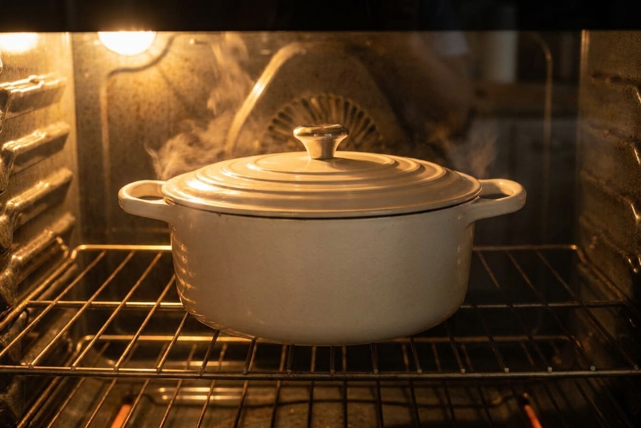 A covered Dutch oven sitting on an oven rack during braising with warm kitchen lighting