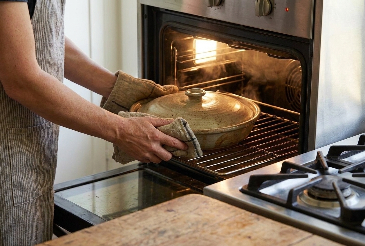 A covered baking dish of ratatouille being placed on an oven rack in a home kitchen