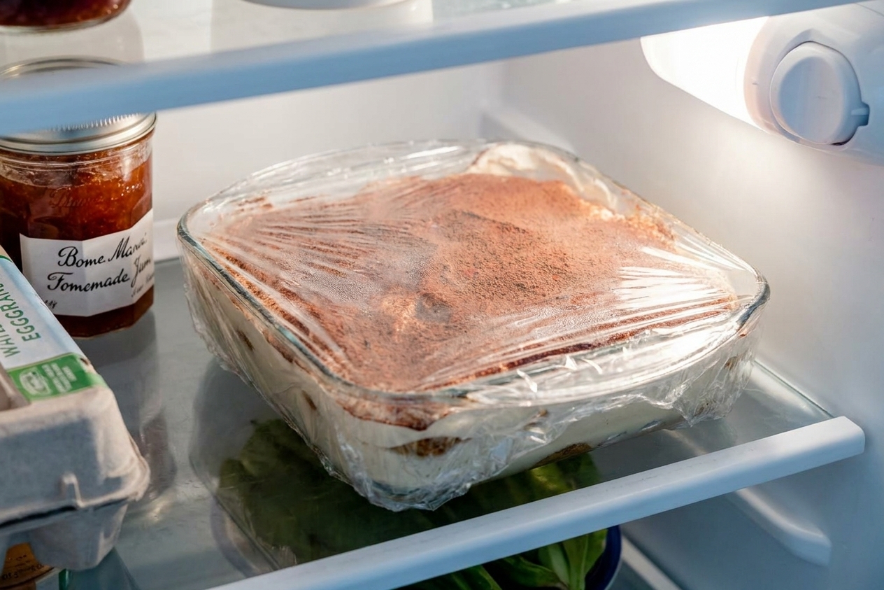 A covered baking dish of tiramisu resting on a refrigerator shelf, ready to chill and set