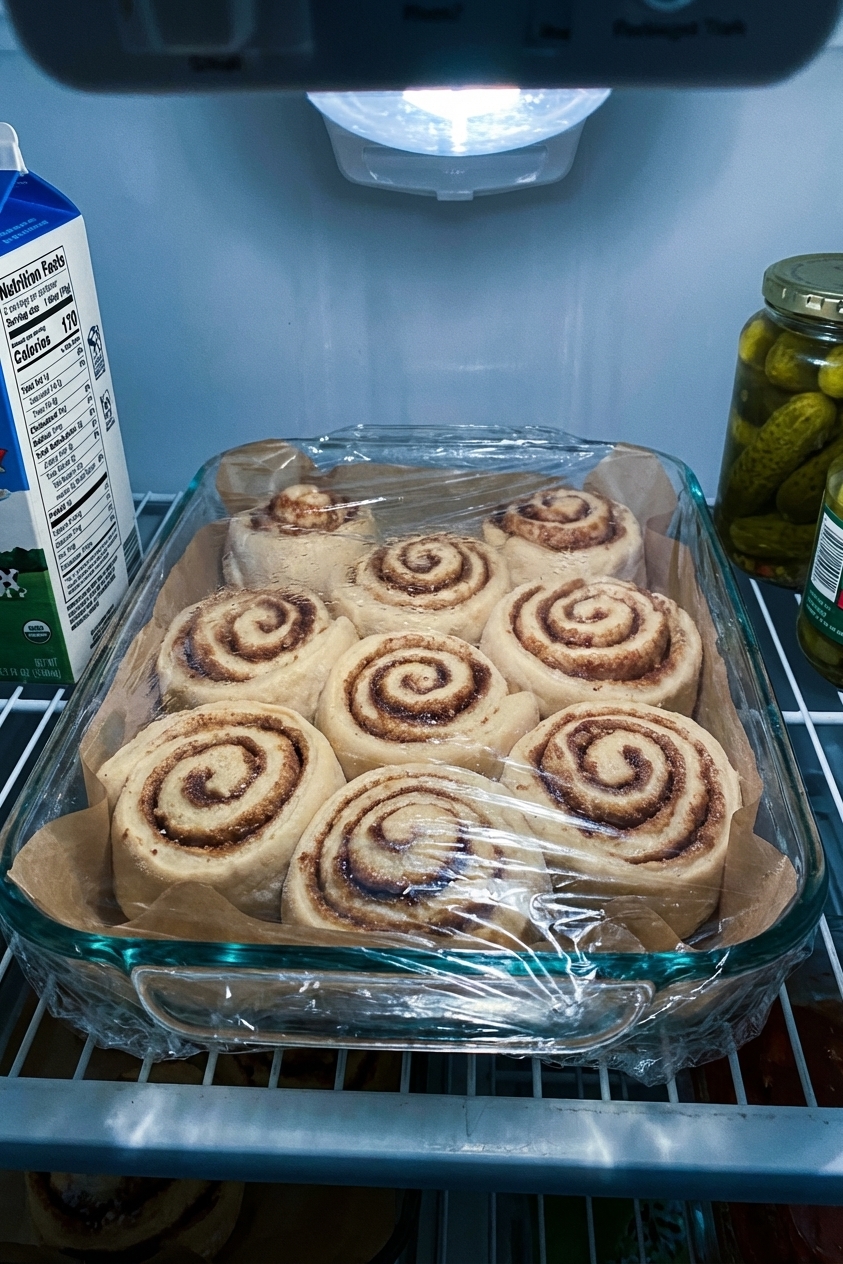 A covered baking dish of unbaked sticky bun rolls proofing in the refrigerator overnight, with visible spirals and parchment paper
