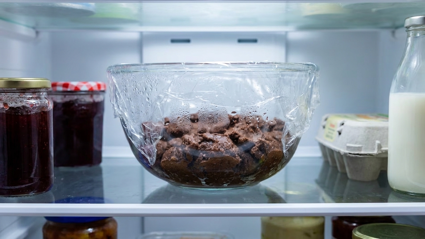 A covered bowl of chocolate cookie dough chilling in a refrigerator on a middle shelf