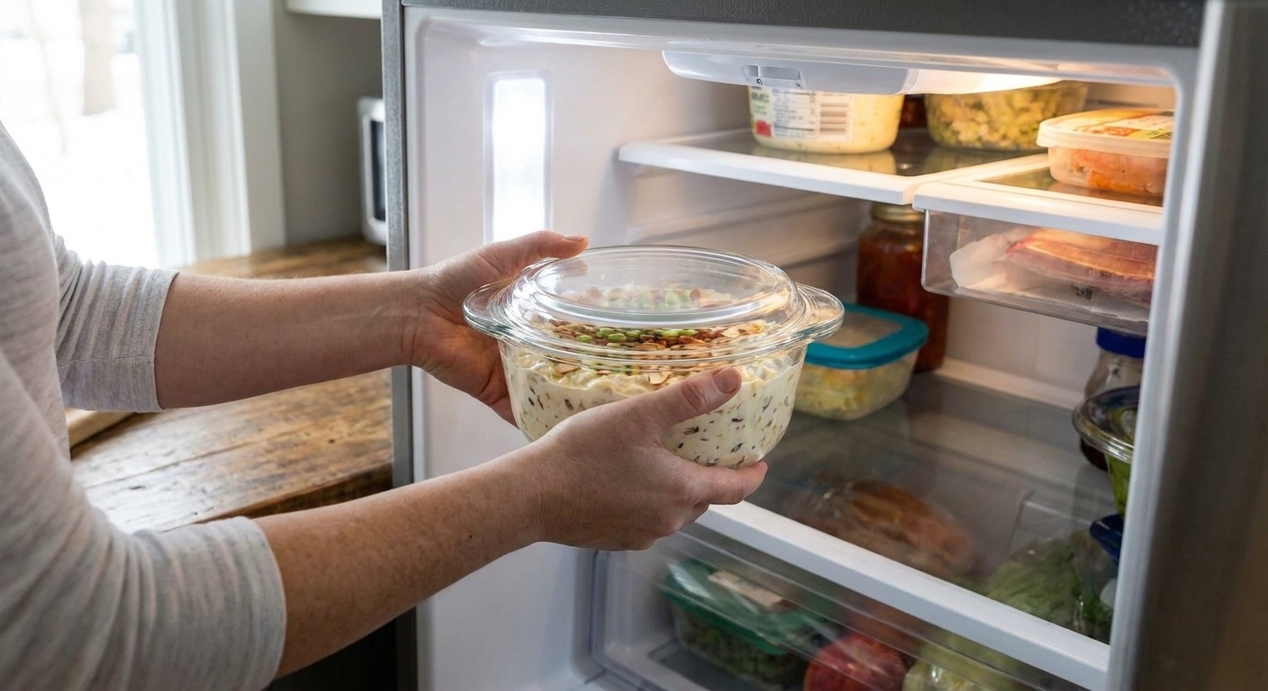 A covered bowl of creamy dip being placed onto a refrigerator shelf in a home kitchen