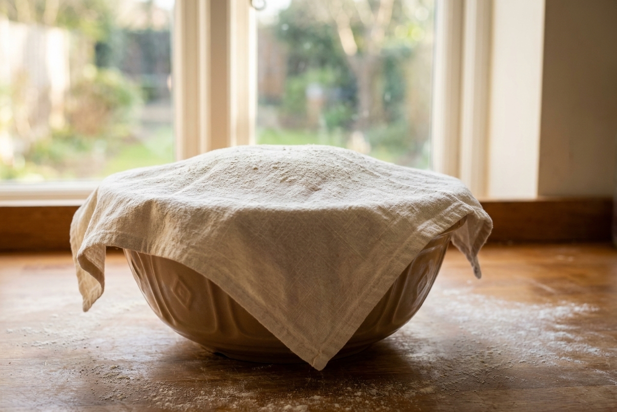 A covered bowl of dough rising on a warm kitchen counter near a window, with a lightly floured towel draped over the bowl
