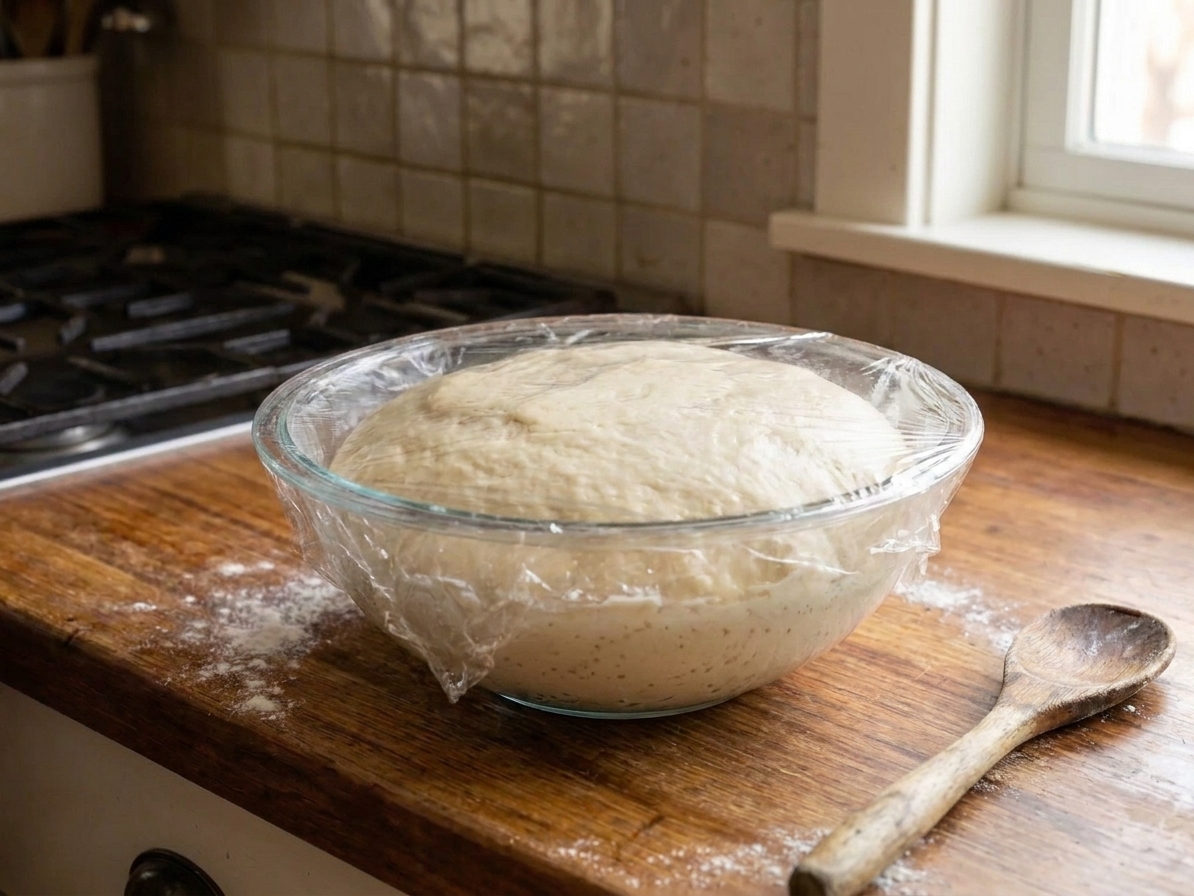 A covered bowl of enriched yeast dough rising on a kitchen counter, doubled in size