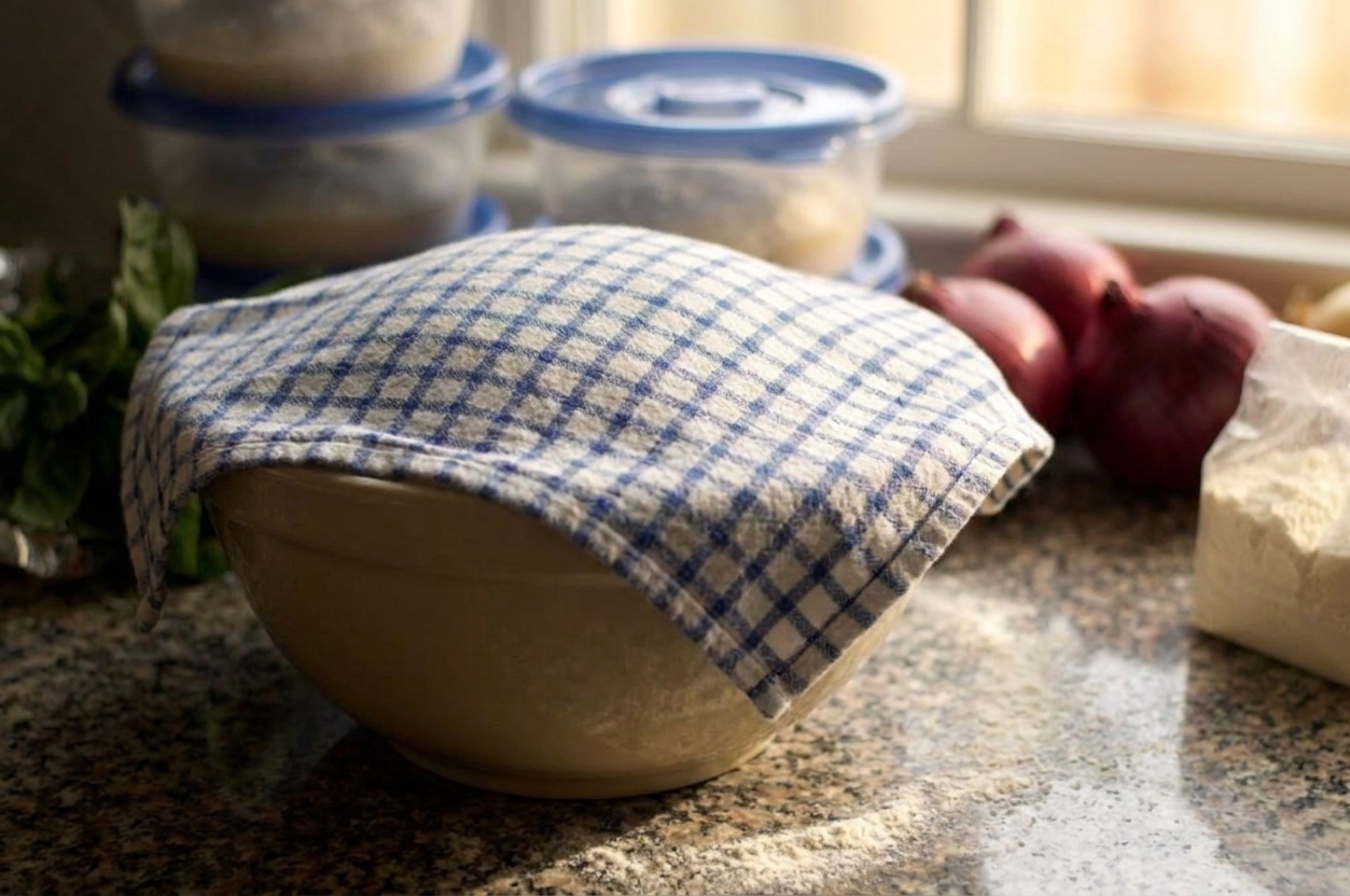 A covered bowl of pizza dough rising on a warm kitchen counter near a window