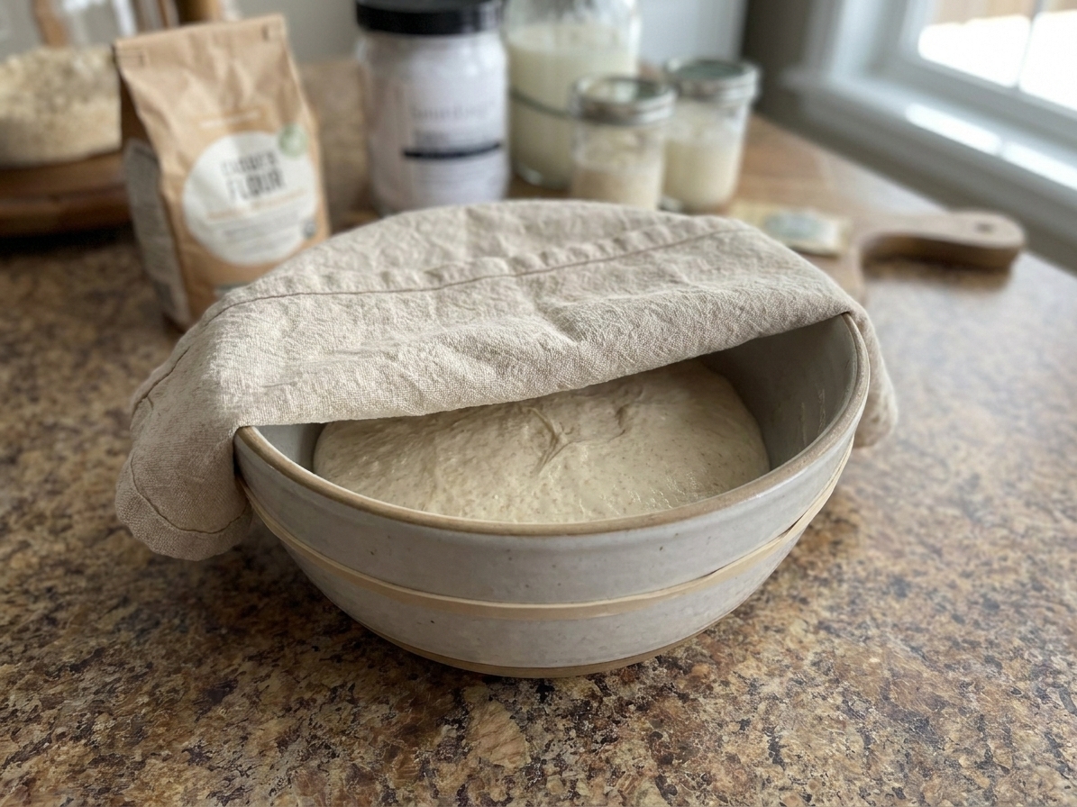 A covered bowl of sourdough dough resting on a kitchen counter with a towel draped over the top