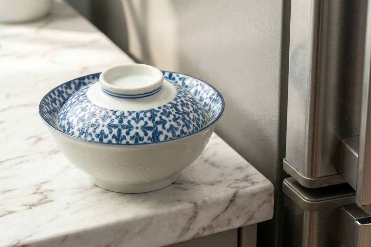 A covered bowl of steamed egg custard cooling on a kitchen counter near a refrigerator, ready for storage