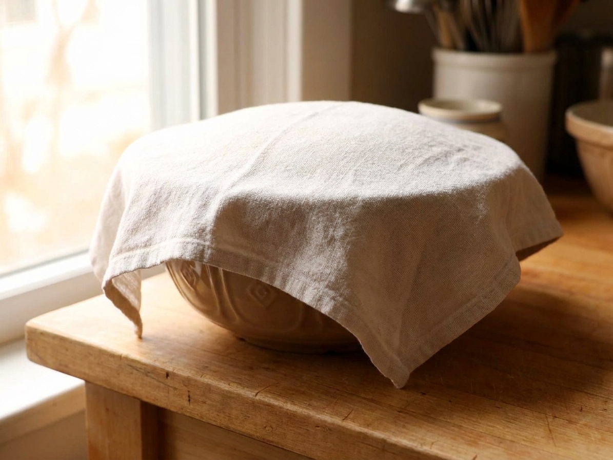 A covered bowl of stroopwafel dough rising on a kitchen counter near a window with soft daylight
