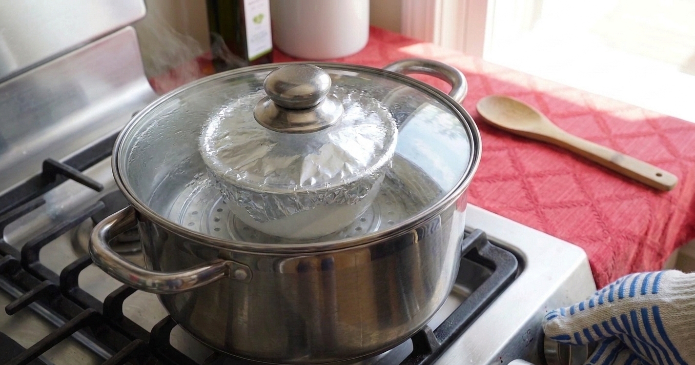 A covered ceramic bowl sitting on a steaming rack inside a pot while it steams