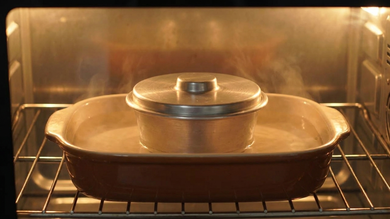 A covered flan mold sitting in a roasting pan filled with hot water on an oven rack, ready to bake