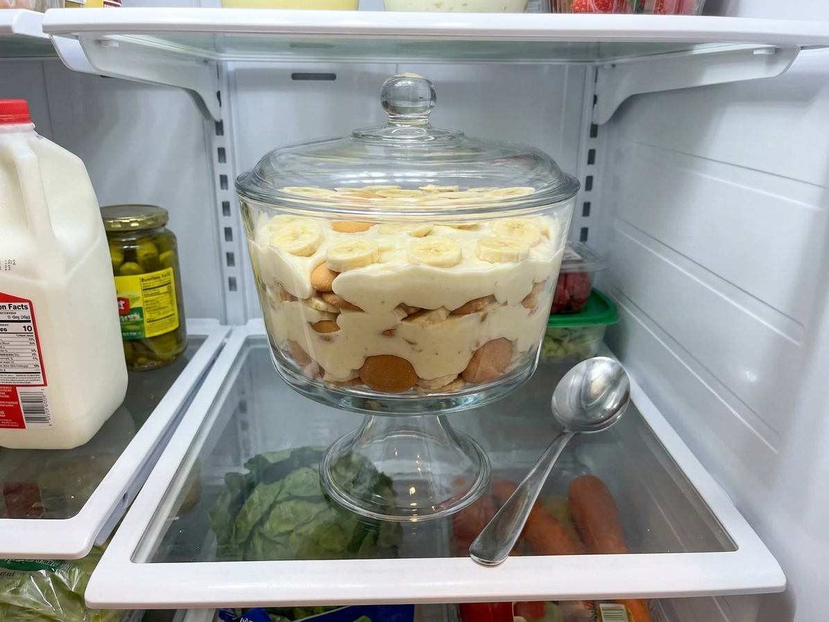 A covered glass container of banana pudding resting on a refrigerator shelf with a serving spoon nearby