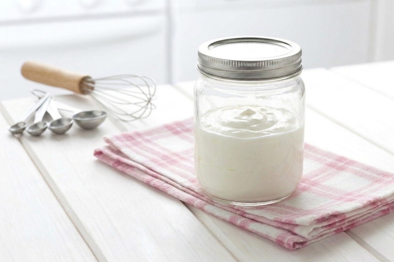 A covered glass jar of cream resting on a kitchen counter away from direct sunlight