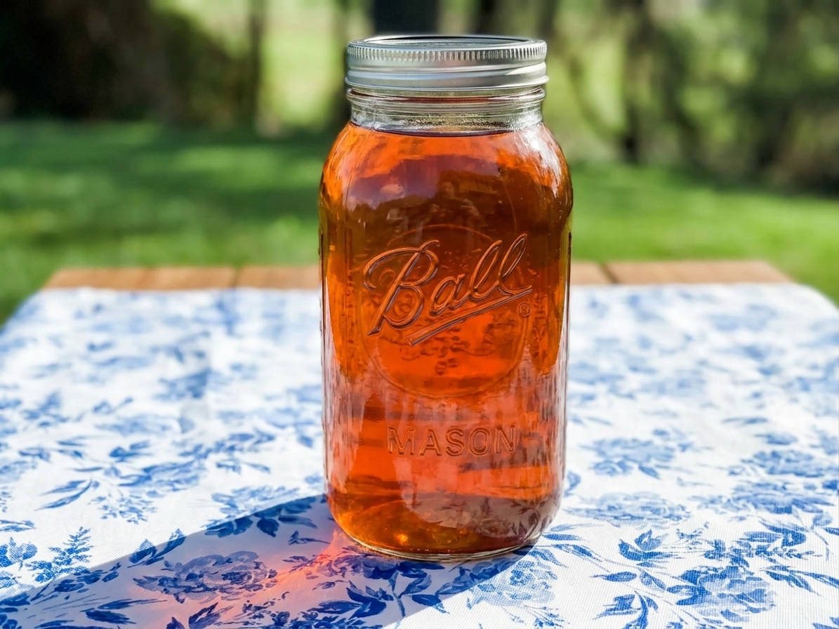 A covered glass jar of tea sitting in direct sunlight on an outdoor table